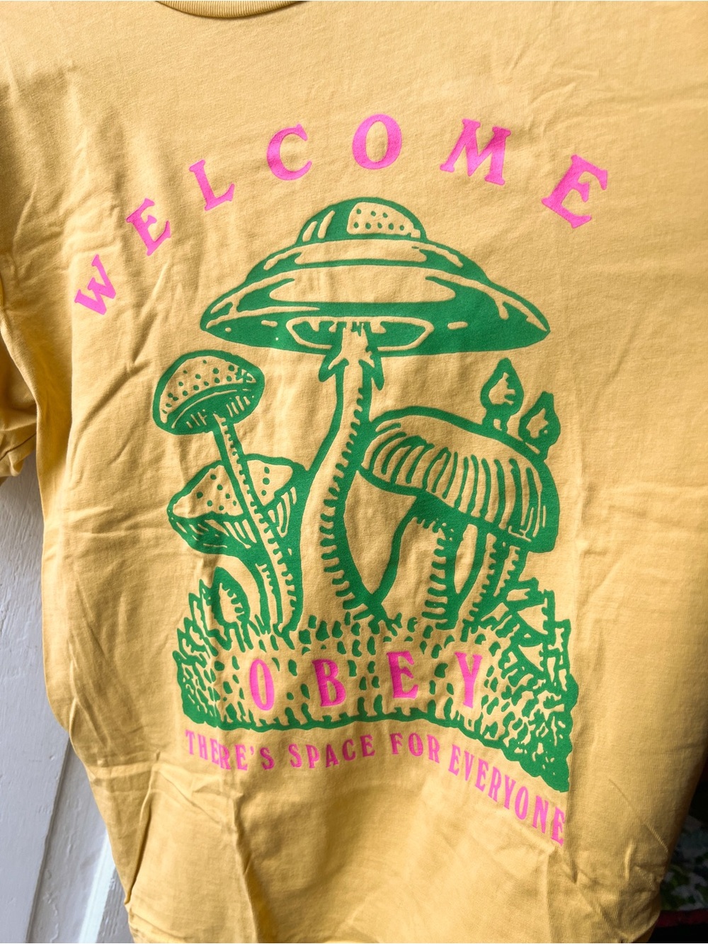 Obey Yellow Welcome Mushroom Tee there’s space for everyone Green Pink